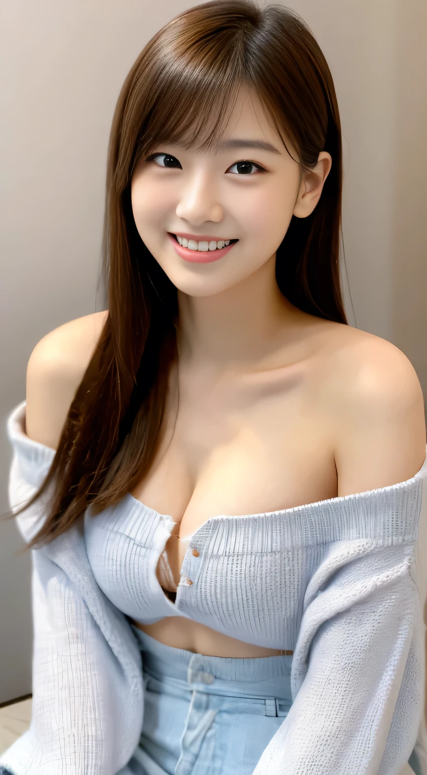 masterpiece,best quality,(Japanese girl),((Beautiful girl)),cleavage,(off shoulder:1.2),(perfect body beauty:1.2),(shy smile),beautiful teeth,From slightly above