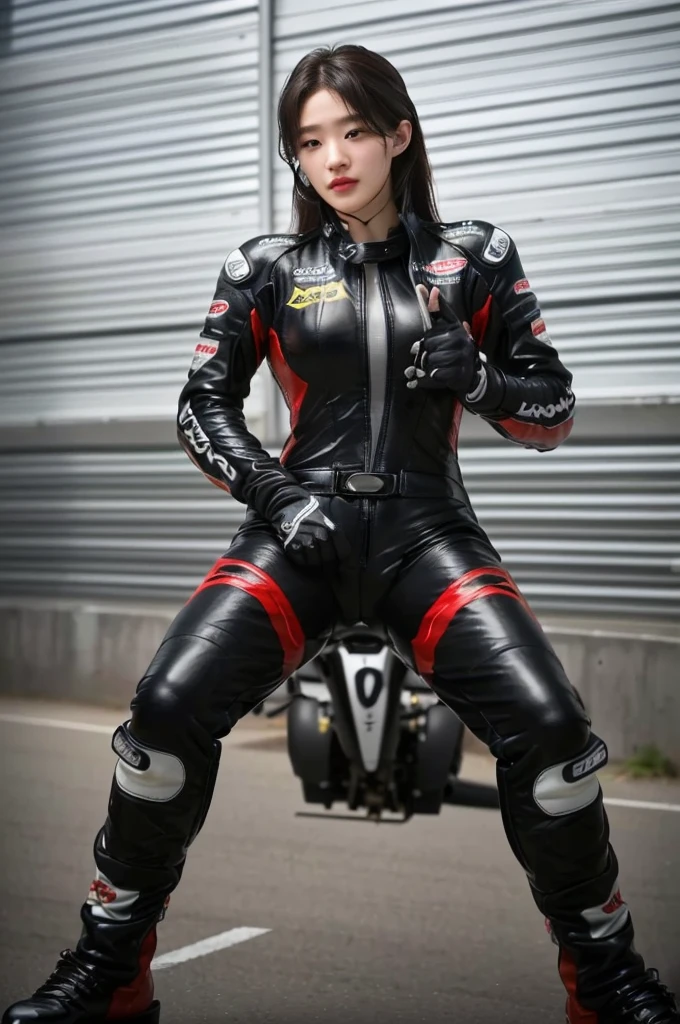 delicate beauty, 1 person, Intricate body details,,Unreal Engine:1.4, ,Highest quality、Long limbs、(((motorcycle racing outフィット)))、(((Wearing a one-piece racing leather suit with logos of many sponsors))、(((blackhead 長い hair))),((Wearing racing leather gloves that cover the fingers and wrists、Wearing long racing leather boots))、Female motorcycle rider

