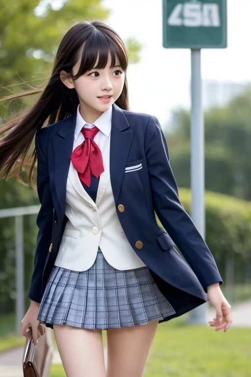 cute、high school girl、uniform、blazer、mini skirt、See-through、Fluttering in the wind