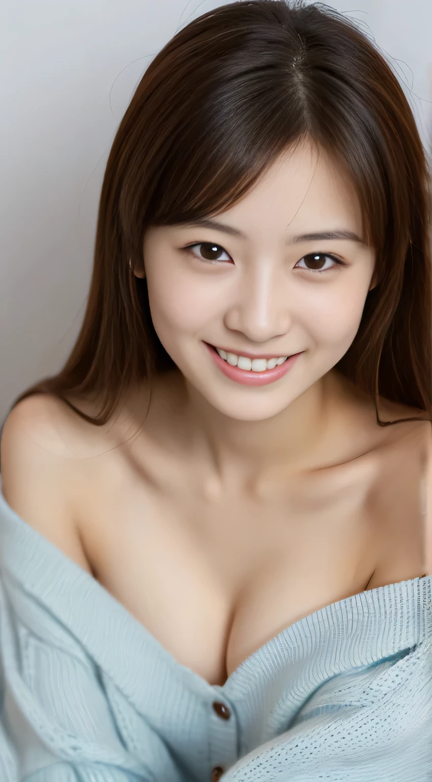 masterpiece,best quality,(Japanese girl),((Beautiful girl)),cleavage,(off shoulder:1.2),(perfect body beauty:1.2),(shy smile),beautiful teeth,From slightly above