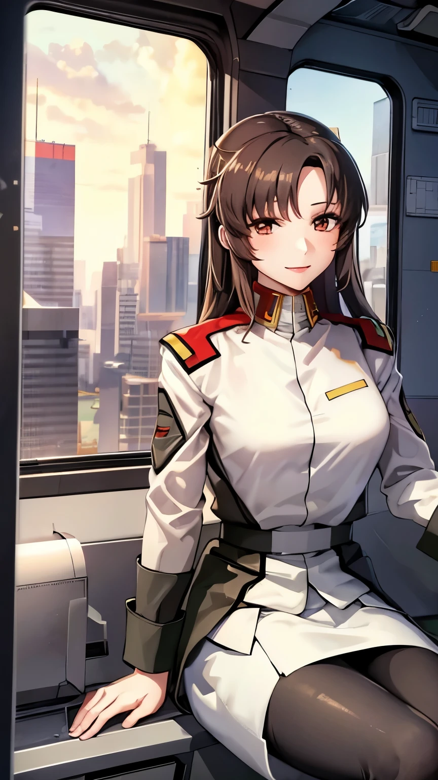 masterpiece, best quality, High resolution, Calm 1, 1 girl, alone, (Black_pantyhose:1.1), army uniform, army, cosmetics, White shirt,  White Skirt, tight skirt, sitting, Upper Body, cockpit, space, Smile