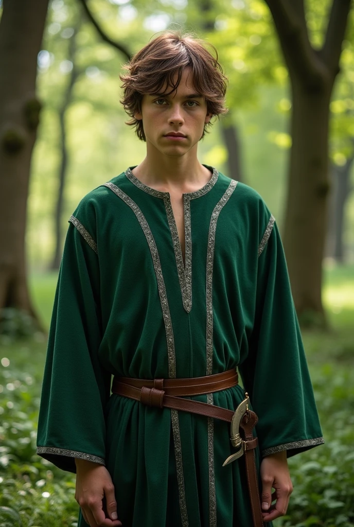 Young man with brown hair wearing medieval green