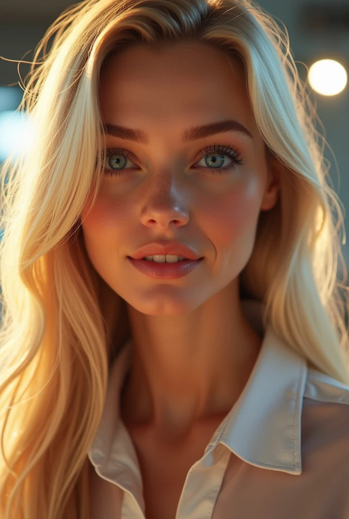 a beautiful detailed photo of a blonde woman with blue eyes, long hair, wearing professional cosmetic artist attire, disney art style, extremely detailed face and eyes, flawless skin, warm lighting, vibrant colors, cinematic composition, masterpiece, 8k, disney art, collared shirt, miniskirt
