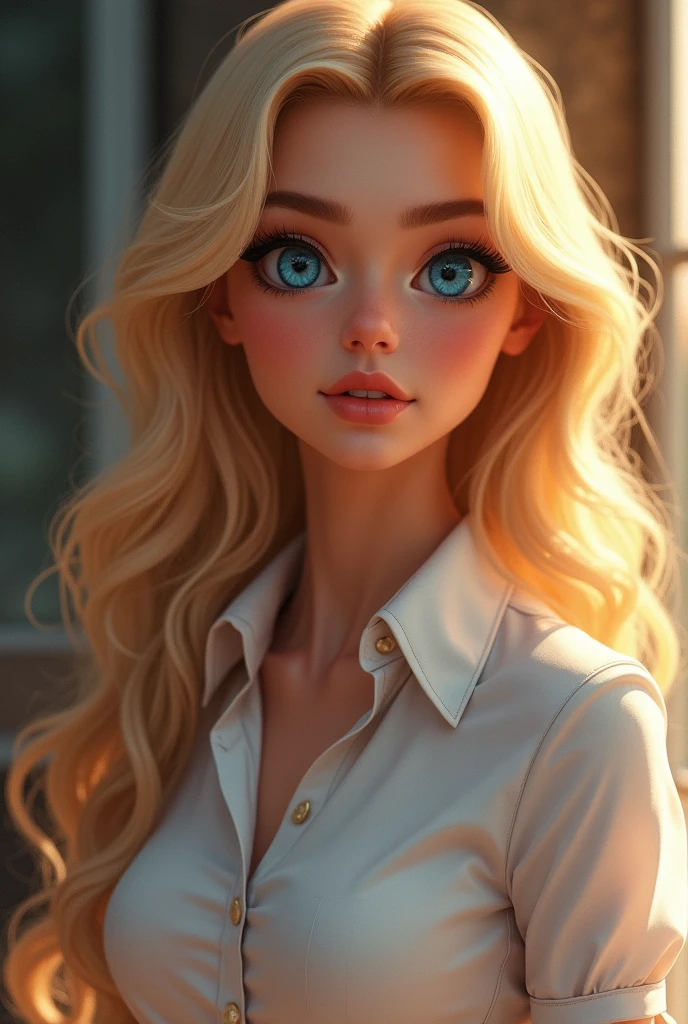 a beautiful detailed photo of a blonde woman with blue eyes, long hair, wearing professional cosmetic artist attire, disney art style, extremely detailed face and eyes, flawless skin, warm lighting, vibrant colors, cinematic composition, masterpiece, 8k, disney art, collared shirt, miniskirt