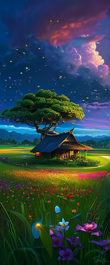 anime-realistic scene of a indonesian hut under a tree, in a field with colorful flowers, that serene night, quiet, clouds, with some small fireflies emerging from the grassland,ULTRA Style Kilian Eng and Thomas Kinkade, Rob Gonsalves and Tim White , silvain sarriel. Rhads and Thomas Kinkade, inspired by RHADS, cyril rolando and m.I'm confused, cyril rolando and m. I'm confused, Rhads!!!, animated background, animated background art, beautiful anime scene, sobre las clouds, Kilian Eng y Thomas Kinkade, Rob Gonsalves y Tim White., silvain sarriel, Rhads y Thomas Kinkade, inspired by RHADS, cyril rolando and m.I'm confused, cyril rolando and m. I'm confused, Rhads!