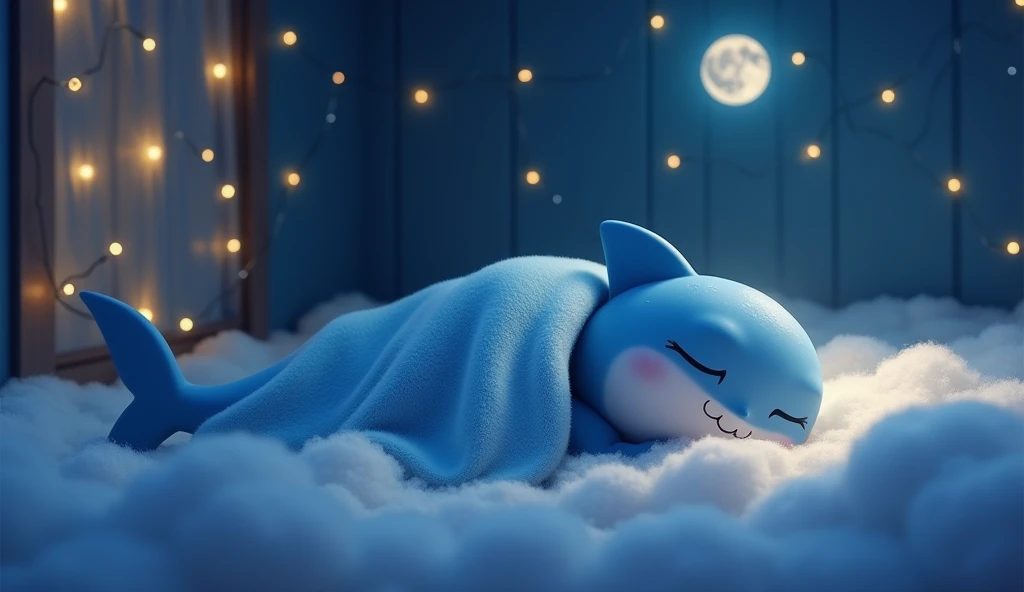 baby blue shark, He sleeps on a bed of clouds with his eyes closed comfortably, covered by a light blue blanket, lights on the wall, window, welcoming and comforting atmosphere, night, wonder, pixiv, pixar