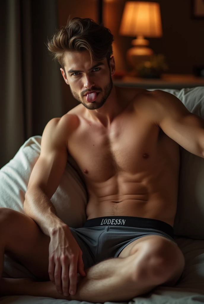 A sexy man wearing only boxers and with a huge visible bulge , sitting cat position , with a face of submissive lust , sticking out tongue