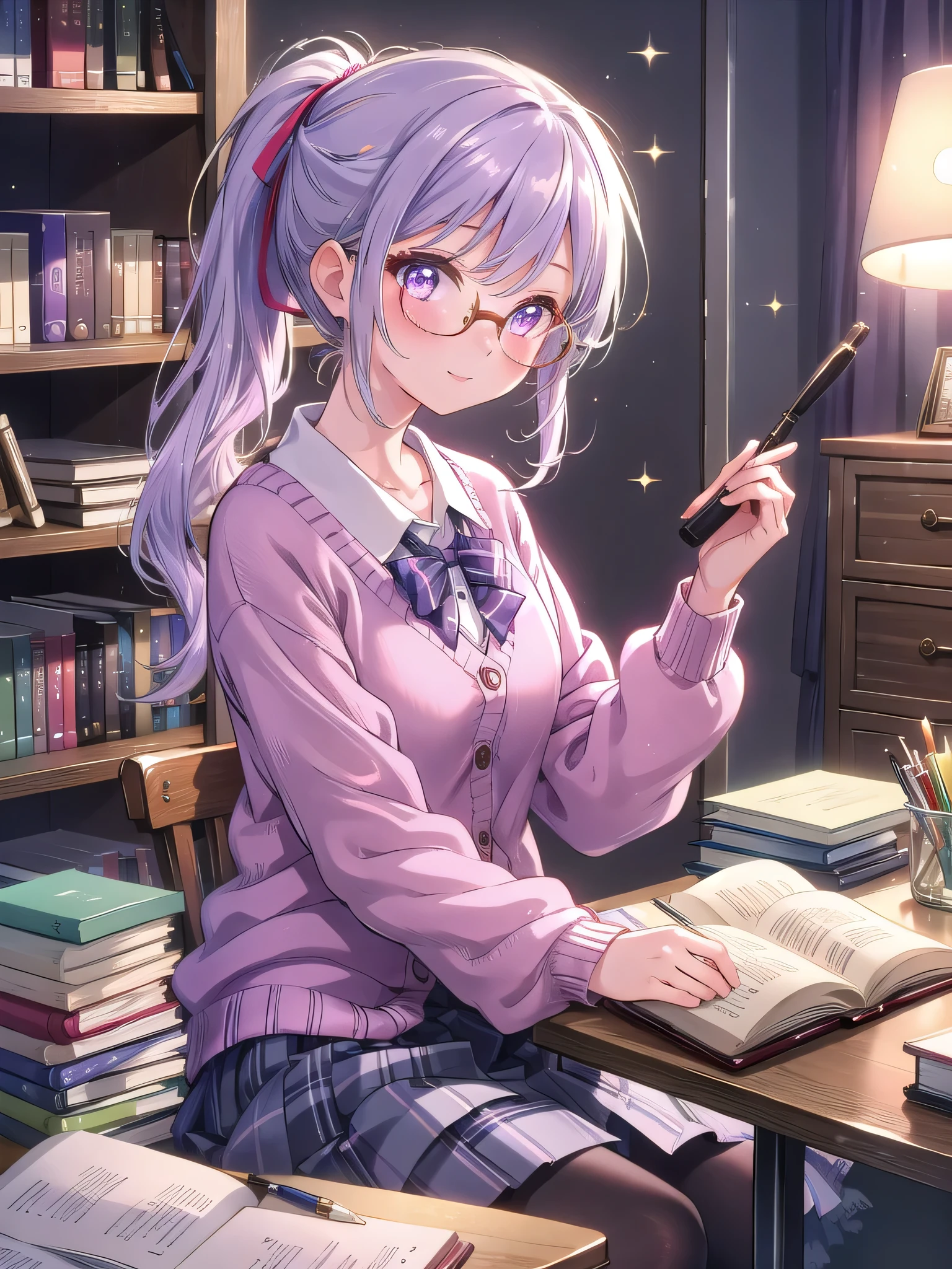 ((8k, Highest quality, masterpiece: 1.3)),Ultra-high resolution,(1 girl, alone), (Color changing eyes, Ultra-detailed, Expressive brilliance, Glitter, Glowing Eyes), Highly detailed eyes, Highly detailed face, Random Hair, ((pastel colour)),A joyful young woman with pastel lavender hair styled into a simple ponytail, sitting at her desk in her softly lit bedroom during a quiet evening. She is dressed in a simple yet subtly sexy librarian cosplay, wearing a fitted cardigan over a blouse, a knee-length skirt, and a pair of reading glasses perched on her nose. The camera captures her from a frontal angle as she smiles gently while holding an open book, her expression full of warmth and knowledge. The room is warmly lit by a desk lamp, with a few stacked books on the desk, a cozy chair in the corner, and a peaceful, scholarly atmosphere.