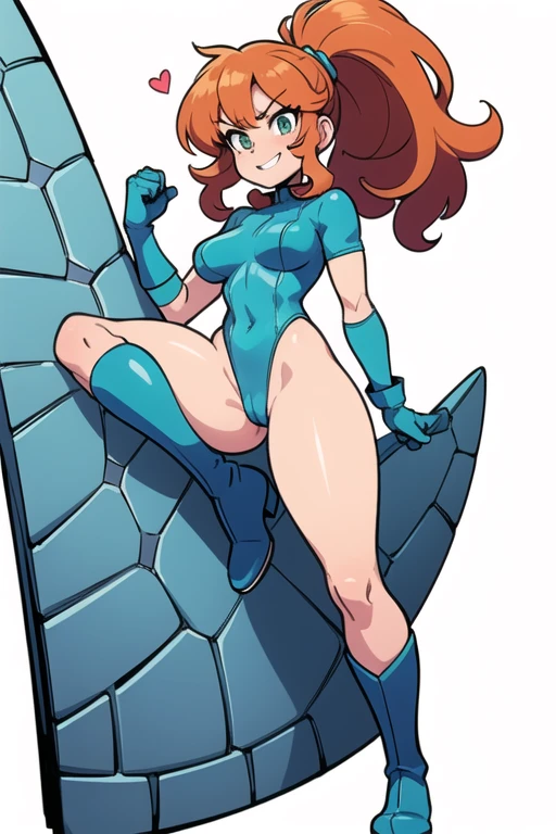 ((masterpiece)), (((best quality))), Illustration, (masterpiece), (best quality), (high res), 1lady, tall body, beautiful detailed eyes, beautiful detailed face, serious, (perfect hands), complete fingers, perfect anatomy, perfect proportions, ((ginger hair, curly hair, ponytail)), ((green eyes)), ((leotard, light blue leotard, matching leotard, long sleeve, booty shorts, cheeky, turtle-neck collar, light blue stockings on legs)), ((boots, matching boots, ankle-high boots, light blue boots)), breasts, large breasts, teal, light blue, light blue color, punching, blue hearts, heart theme, (full body portrait), solo, super hero, super hero pose, solo focus, standing, character sheet, multiple angles, (short sleeves, light blue gloves), (light blue heart symbol on chest), full body costume design. (simple background, white background: 1.3) ,--6, comic, comic style, full body showing, entire body showing, pin up, pin up model, pin up style, super revealing,