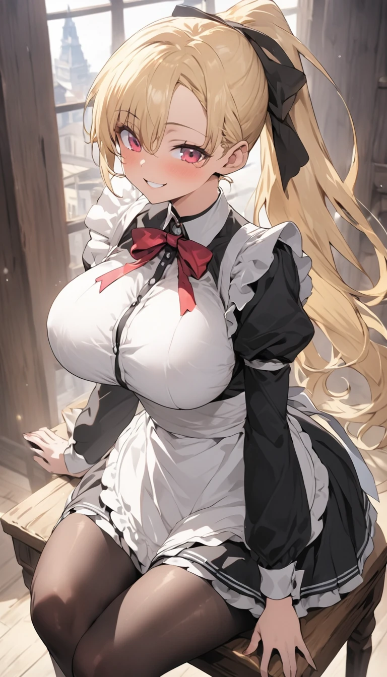 One Woman、beautiful girl、maid、20-year-old、blonde、ponytail、Western-style building、maidの、頭にmaidカチューシャ、Short skirt、Black Pantyhose、Ultra-high definition image quality、Highest quality, smile,Big Breasts、Very large breasts、Sit on a chair、Crossing your legs、Sit with your legs apart、Poses that accentuate the chest、Squint your eyes and smile、Breast augmentation、Lean forward
