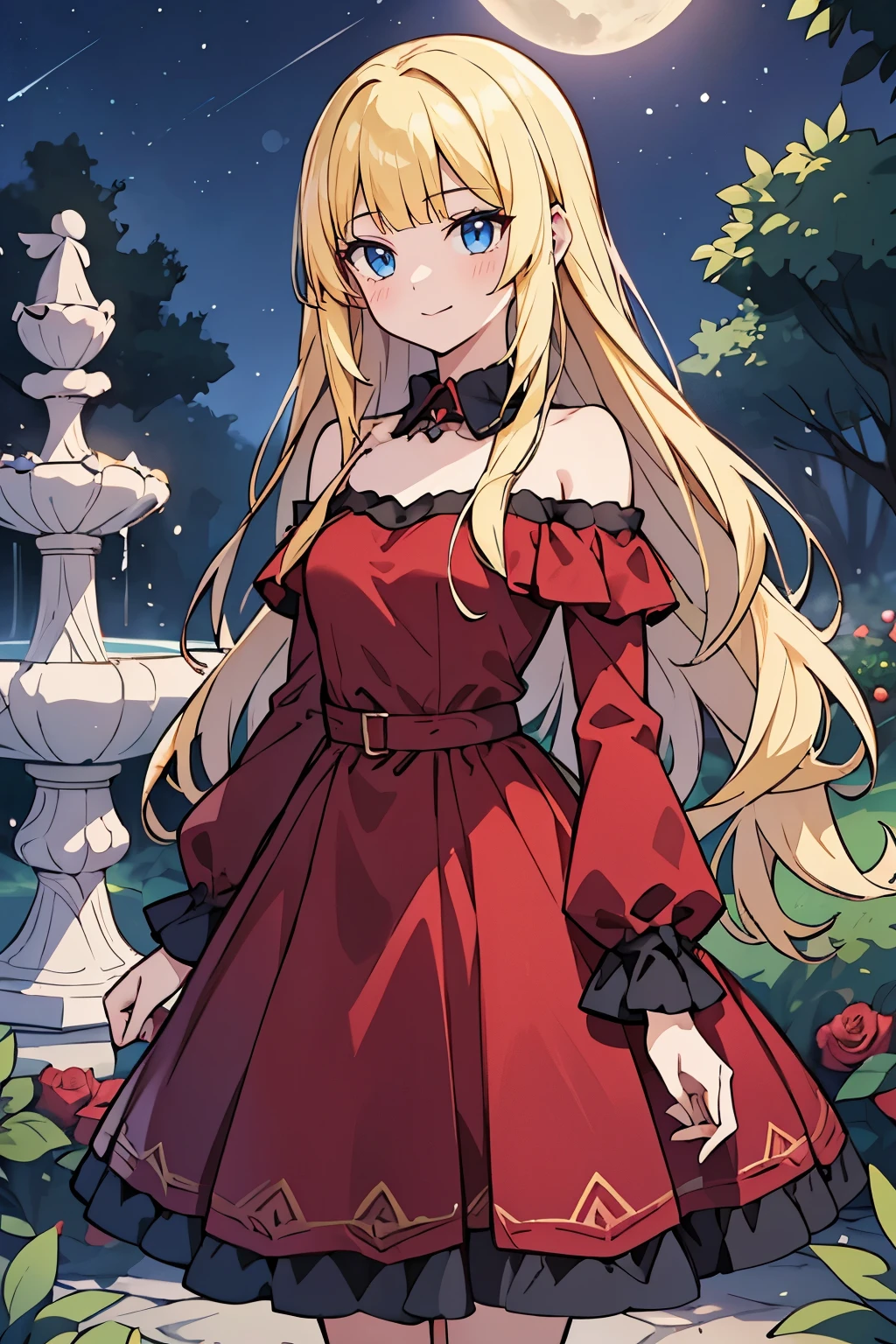 fairy_tail_style, solo, 1 girl, cowboy shot, (young female body:1.4), (medium small breasts), long disheveled hair, golden yellow wavy hair, extra long hair, blunt bangs, crystal blue eyes, very detailed blue eyes, mansion garden, standing on a cobble pathway, a moonlit garden with a fountain, rose bushes, night time, elegant maroon red dress, maxi length red dress, long sleeves, form fitting dark red dress, chic evening dress, party dress, cowboy shot, flower in hair, off shoulder long sleeves, off shoulder, exposed collar bones