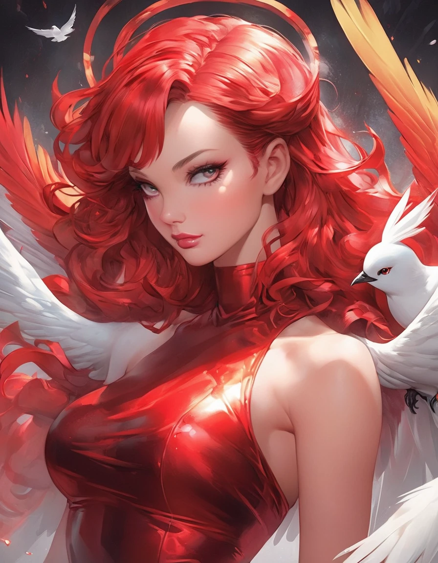 a close up of a woman in a red costume with a bird on her shoulder, artgerm and james jean, artgerm greg rutkowski _ greg, featured on artgerm, artgerm style, as seen on artgerm, artgerm colorful!!!, artgerm julie bell beeple, jessica rabbit, artgerm comic, stephen lau and artgerm, as seen on artgerm, artgerm julie bell beeple, stanley artgerm lau, artgerm and ben lo, portrait , artgerm on artstation pixiv, posing for photoshoot, beautiful sexy and beautiful and attractive, wide angle photography