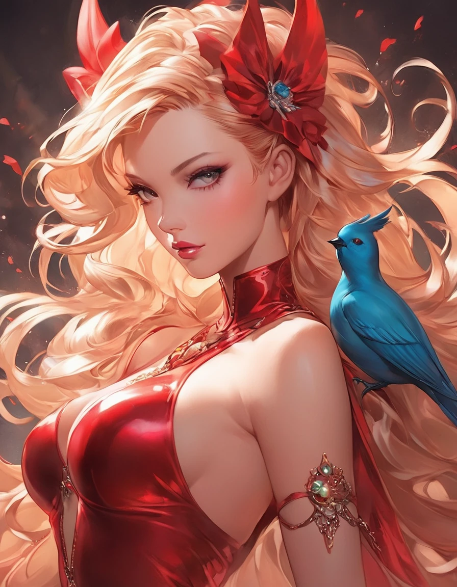 a close up of a woman in a red costume with a bird on her shoulder, artgerm and james jean, artgerm greg rutkowski _ greg, featured on artgerm, artgerm style, as seen on artgerm, artgerm colorful!!!, artgerm julie bell beeple, jessica rabbit, artgerm comic, stephen lau and artgerm, as seen on artgerm, artgerm julie bell beeple, stanley artgerm lau, artgerm and ben lo, portrait , artgerm on artstation pixiv, posing for photoshoot, beautiful sexy and beautiful and attractive, wide angle photography