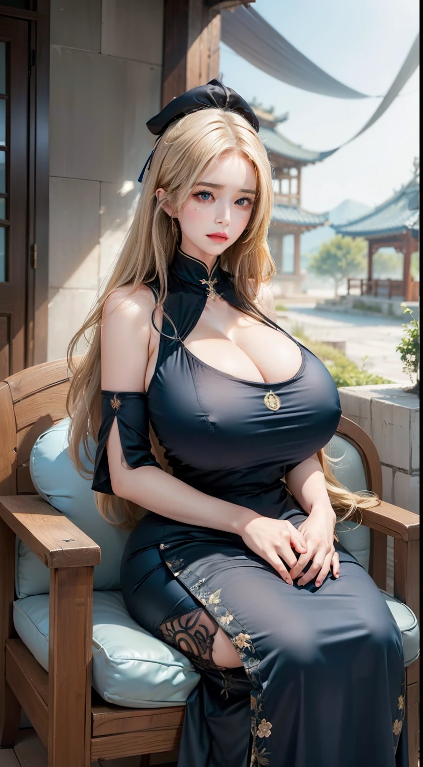 ((Very Slim Beautiful Hands)), (((Full and soft breasts,)))(((Huge breasts))) (((Cleavage))) (Perfect curvy figure), Adult women, Long blond hair, Eyes are blue, Black Chinese dress, frown, blue lipstick, masterpiece, high quality,1 Girl,Role