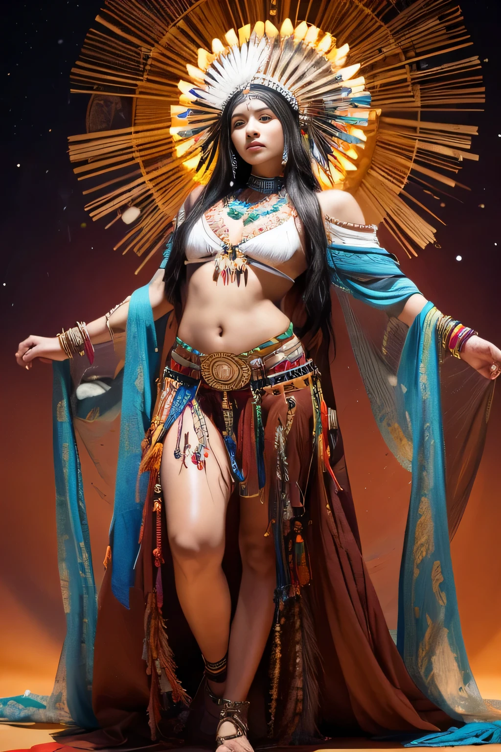 Native American beauty in dance poses, luxurious leather ponchos embroidered with intricate embroidery, flowing tulle, feather hair ornaments, war bonnet, tattoo, brown skin, Indian jewelry, Native American pattern, transparent and long colorful ubert on arms, navel ribbons, shoulders, necks, arm ring ribbons, wreaths, bracelets, anklets, Metal chain tassel around waist, sun god background, ink wash, popular CGSTATION, masterpiece, recent quality, high resolution details, 32K