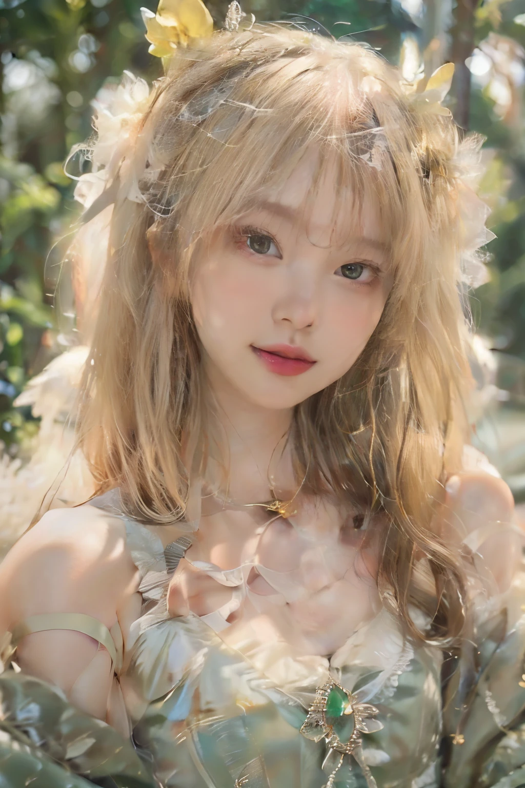 best quality、high resolution、very detailed、masterpiece、(live shooting:1.5)、bona fide:1.5、photobona fideistic:1.5、Very delicate and beautiful、small details、(European:1.4)、(open your legs:1.1)、Elegant and beautiful fairy portrait、She blends in with nature、Beautiful like a fairy、obvious, light나는 피부、Emerald green eyes、(Delicate and soft blonde hair)、light, Feather-shaped head ornaments and accessories、Elegant and flowing fairy-like attire、A background that harmonizes with nature
