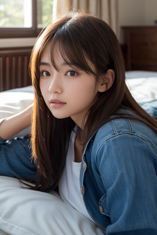Young woman lying in bed、Look at me with a calm expression。She is wearing a suit that accentuates her figure.、He is wearing a blue jacket over it.。The light penetrates softly、Gives skin a beautiful glow.。Her hair flows naturally over her shoulders、Overall a relaxed atmosphere.。The scene exudes a sense of relaxation and familiarity..。
