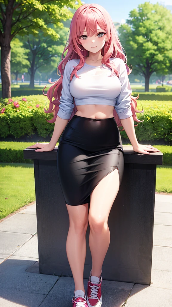 masterpiece, best quality, high detail, beautiful woman, wavy hair, pink hair, white cropped t-shirt and unbuttoned jean jacket, black midi pencil skirt, long ((black pencil skirt)), sneakers, midriff, belly button, looking at viewer, wide eyed, garden, park, tree, smile, 