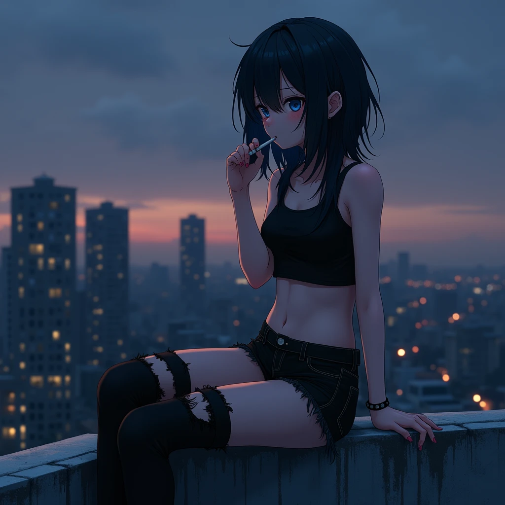 Girl, depressed, cigarette in mouth, Black Hair, Blue eyes, Tank top, hot pants, anime