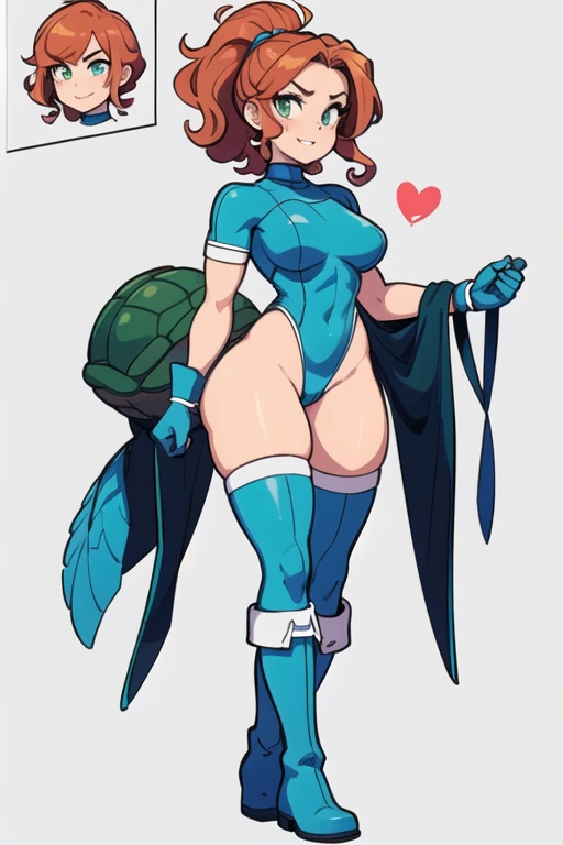 ((masterpiece)), (((best quality))), Illustration, (masterpiece), (best quality), (high res), 1lady, tall body, beautiful detailed eyes, beautiful detailed face, serious, (perfect hands), complete fingers, perfect anatomy, perfect proportions, ((ginger hair, curly hair, ponytail)), ((green eyes)), ((leotard, light blue leotard, matching leotard, long sleeve, booty shorts, cheeky, turtle-neck collar, light blue stockings on legs)), ((boots, matching boots, ankle-high boots, light blue boots)), breasts, large breasts, teal, light blue, light blue color, punching, blue hearts, heart theme, (full body portrait), solo, super hero, super hero pose, solo focus, standing, character sheet, multiple angles, muscle girl, muscular woman, sexy muscles, (short sleeves, light blue gloves), (light blue heart symbol on chest), full body costume design. (simple background, white background: 1.3) ,--6, comic, comic style, full body showing, entire body showing, pin up, pin up model, pin up style, super revealing,