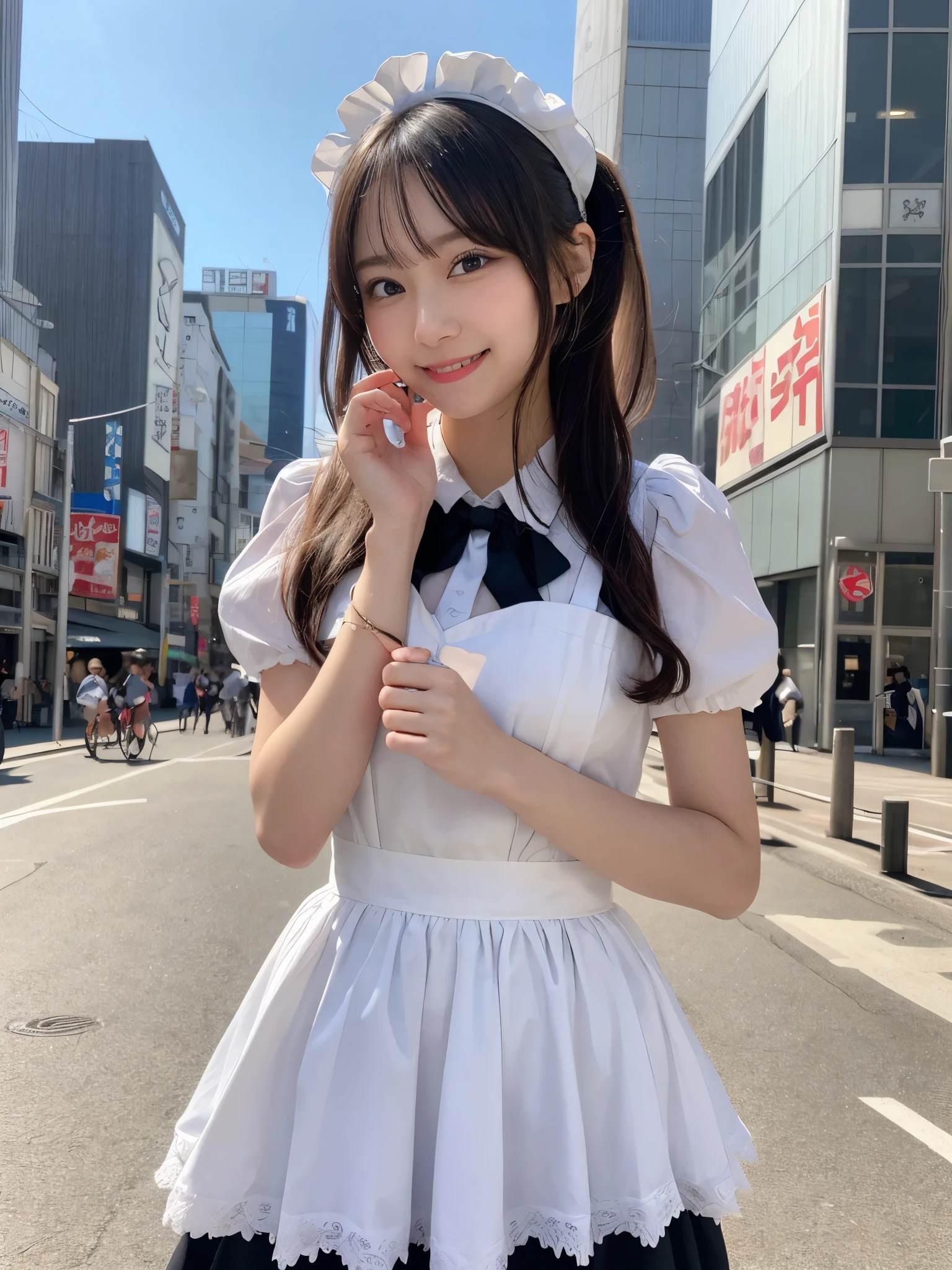 1girl, , cute and beautiful, solo, highres, best_quality, masterpiece, detailed_background, intricate_details, tokyo, akihabara, futuristic, cityscape, cute maid costume, smile, looking_at_viewer, dynamic_pose, natural_pose, candid, happy