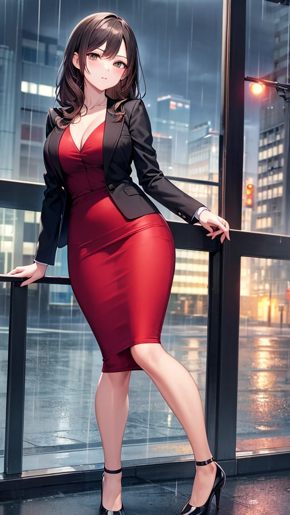 masterpiece, best quality, high detail, beautiful business woman, wavy hair, dark brown hair, business suit, black blazer, ((red blouse)), black ((midi pencil skirt)), long black pencil skirt, heels, looking at viewer, rainy backdrop, storm, clouds, city alley at night,
