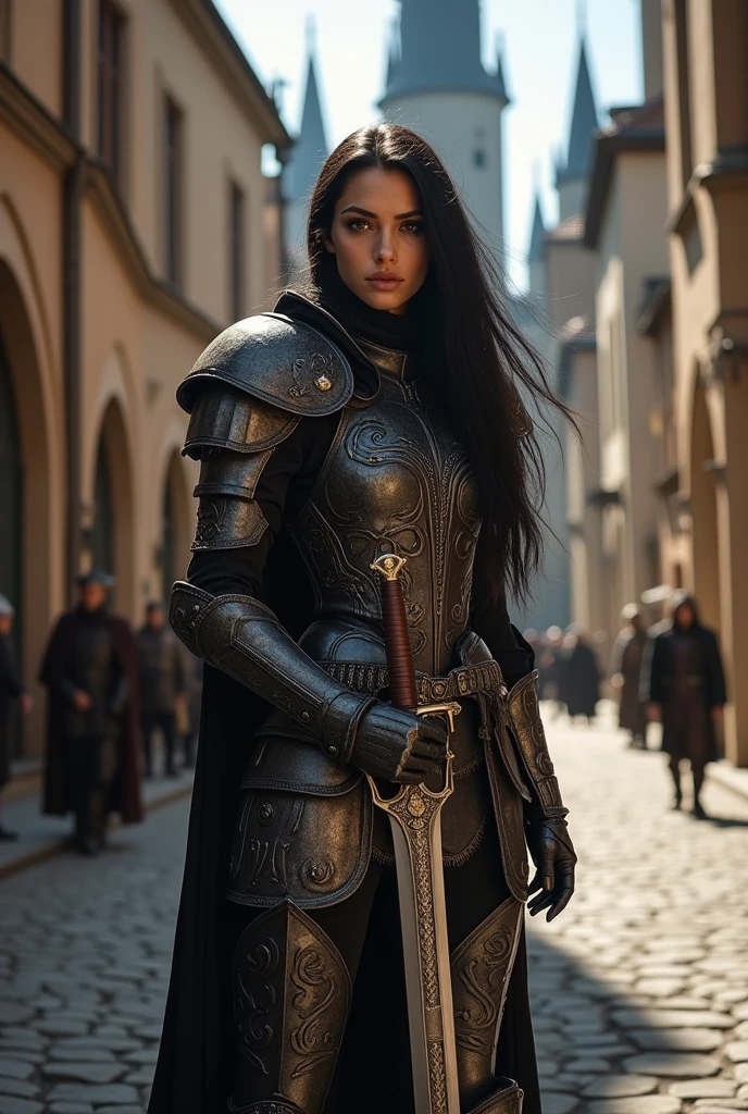 score_9_up score_8_up score_7_up, female_solo ( Ukraine Supermodel), hazel eyes, black hair, slender hot body proportion, medium breast, witchblade, cleavage, erected nipples, intricate details, perfect, Witcher wolf Armor, (1Huge Sword, Large sword), depth_of_field, medieval city,holding_sword,