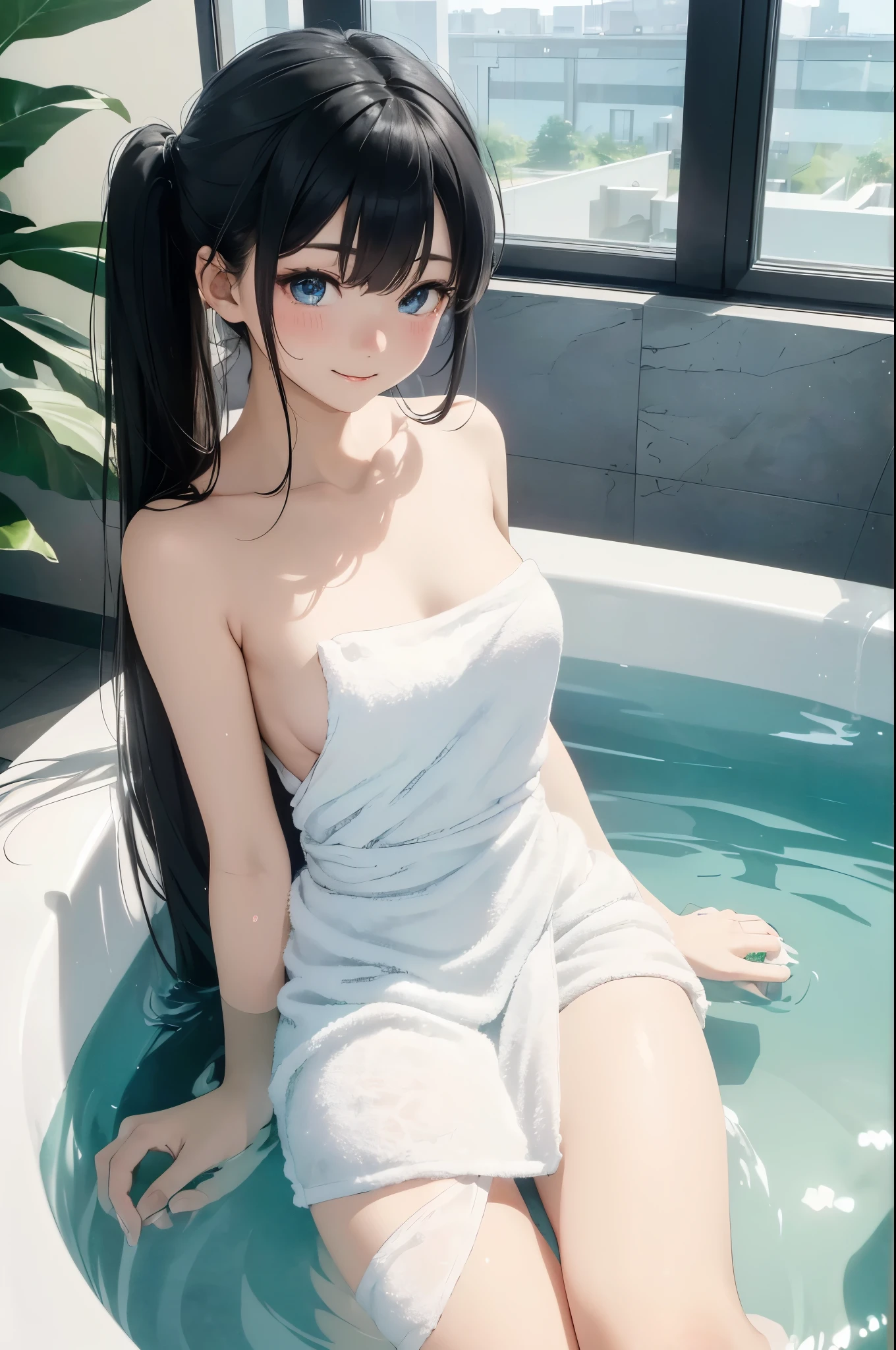 ((masterpiece)), ((highest quality、Ultra high definition)), (Very detailed),((8k、Photo quality))、((Amazingly cute girl))、(****************,)、Two people, , (Beautiful emerald blue eyes), ((smile)),A luxurious Japanese-style open-air bath at a high-class hotel, Beautifully arranged black hair in twin tails、Slim Body、(Cute little breasts)、((白いOne bath towel is wrapped around my body.))、Professional Lighting、(White lace knee-highore detailed and beautiful)、(More details and cutenesore realistic)、((Just wear light clothing))、Frolic in the pool、(Too cute)、(The embodiment of cuteness)、(Godly cuteness)、((Night view))、((One bath towel is wrapped around my body.))、