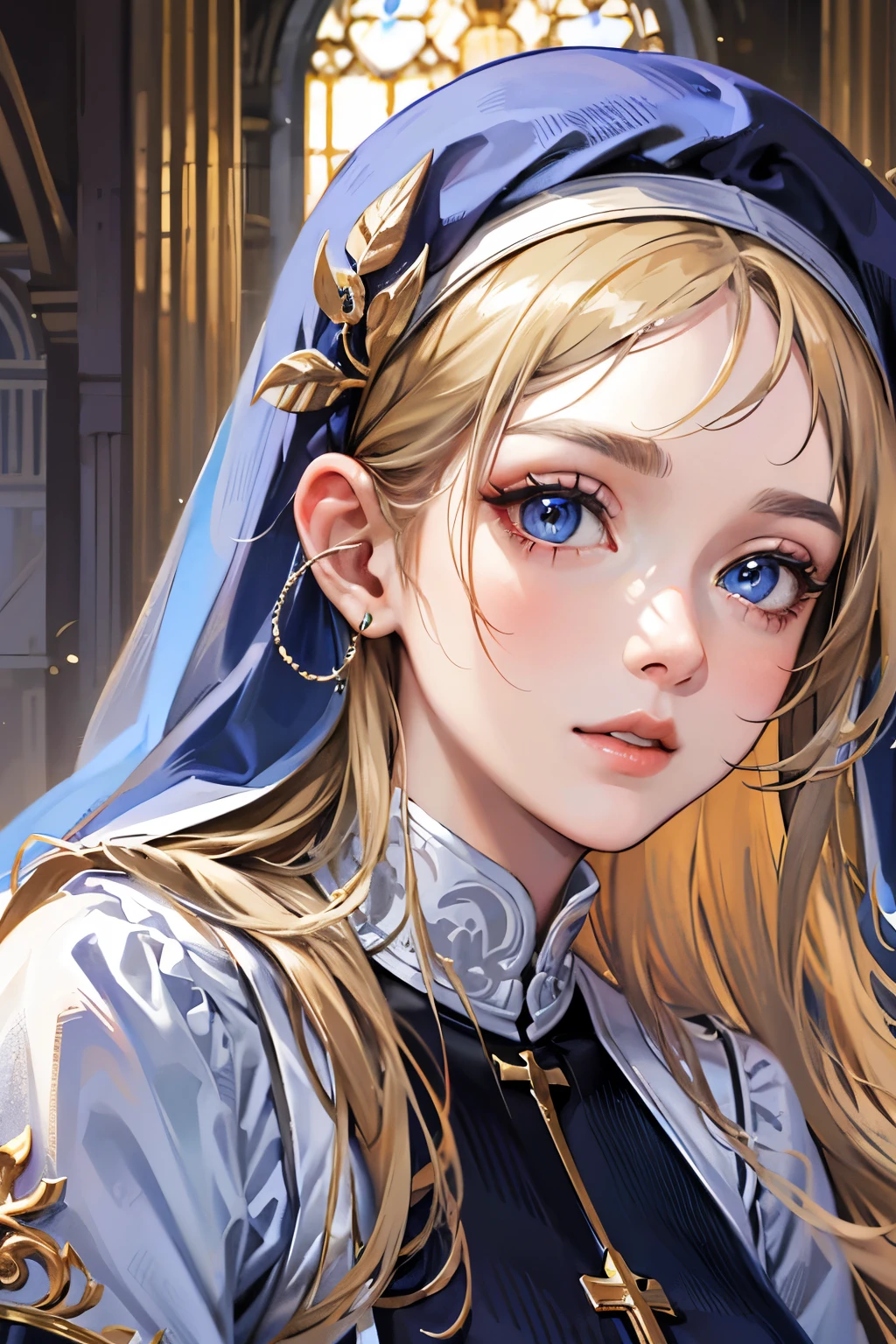 (best quality,4k,8k,highres,masterpiece:1.2),ultra-detailed,realistic,beautiful detailed blue eyes,beautiful detailed lips,extremely detailed face,long hair,1girl,beautiful blonde girl,wearing a nun's outfit,cute,attractive,church, retrato, detailed eyes