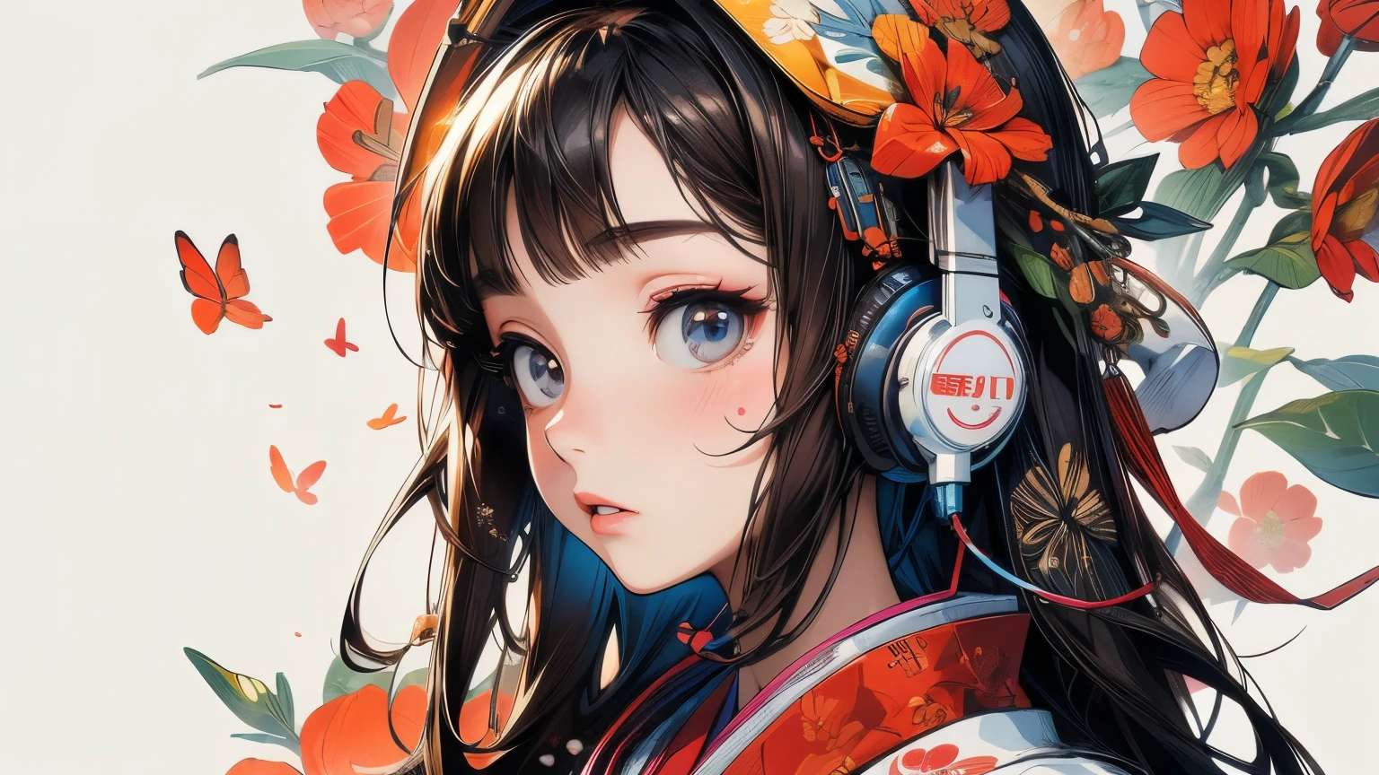 (masterpiece, High resolution, Highest quality), 20-year-old woman, Coordination of Japanese patterned haori, Petal Collage, abstract design, artistic juxtapositions, And handle background, warm color, mixed-media approach, Anime Style, Simple lines, Digital Painting, ((headphones)),