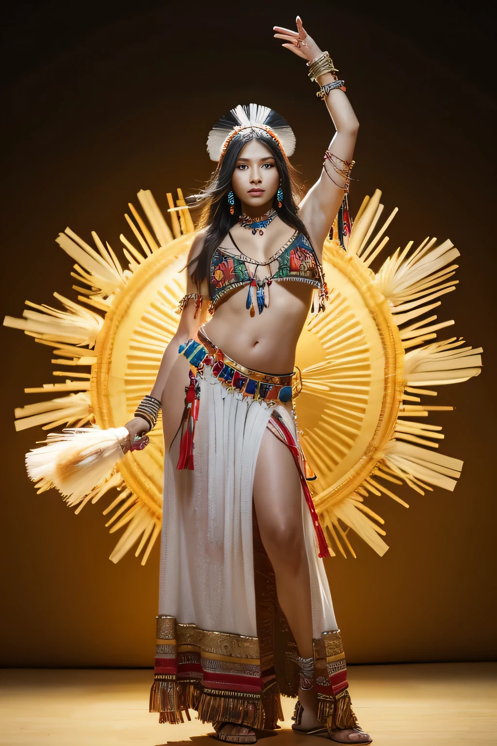 Native American beauty in dance poses, luxurious leather ponchos embroidered with intricate embroidery, flowing tulle, feather hair ornaments, war bonnet, tattoo, brown skin, Indian jewelry, Native American pattern, transparent and long colorful ubert on arms, navel ribbons, shoulders, necks, arm ring ribbons, wreaths, bracelets, anklets, Metal chain tassel around waist, sun god background, ink wash, popular CGSTATION, masterpiece, recent quality, high resolution details, 32K