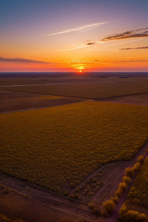 A breathtaking sunset over the expansive plains of eastern New Mexico, Llano Estacado. The sky is painted with vibrant hues of orange, pink, and purple, casting a warm glow over the vast, open landscape. Wispy clouds add texture to the sky, while the flat terrain stretches endlessly, dotted with sparse vegetation typical of the region. The scene captures the serene and majestic beauty of the high plains at dusk.