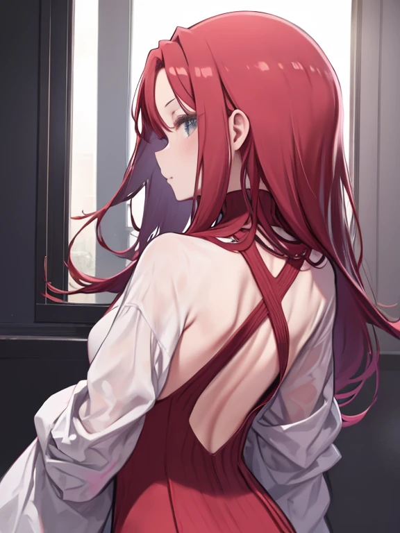 One Woman、Rear view、Red Hair、long hair、Red clothes、Turtleneck sweater、Shot from behind、Upper Body、From the knee up、