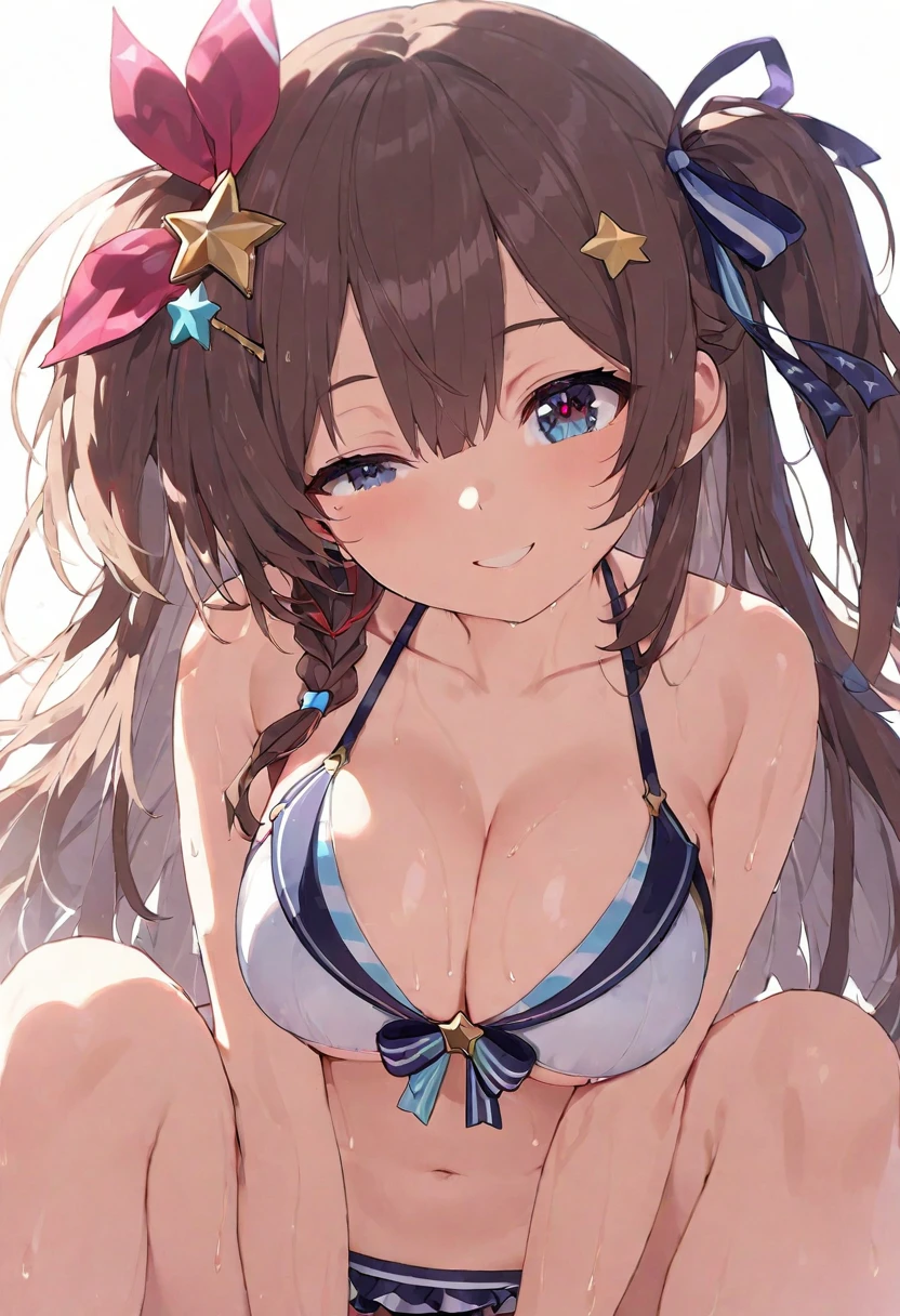 (muste piece), (best quality), (score_9, score_8_up, score_7_up), very detailed eyes, expressive eyes, perfect face, very detailed face, highly detailed face, beautiful girl, 8K, beautiful girl, (white background:1.3), delicate and beautiful face and eyes, dark intense shadow, 1 girl, solo, vtuber style, cool girl, hololive, Tokino Sora, brown hair, long hair, star hair ornament, hair ribbon, blue eyes, phoenix eyes, hololive summer 2023 swimsuit, bare shoulders, layered bikini, bikini, blue and white striped bikini, bikini skirt, big chest, cleavage, underboob, cropped shoulders, clavicle, cameltoe, Navel-baring, wet body, wet hair, one eye close winking, smile, body visible through clothes, chest visible through clothes, ass visible through thighs, Shiny Oiled Skin, (full body), barefoot, bare thighs, sitting, open legs wide, from below, pov crotch,