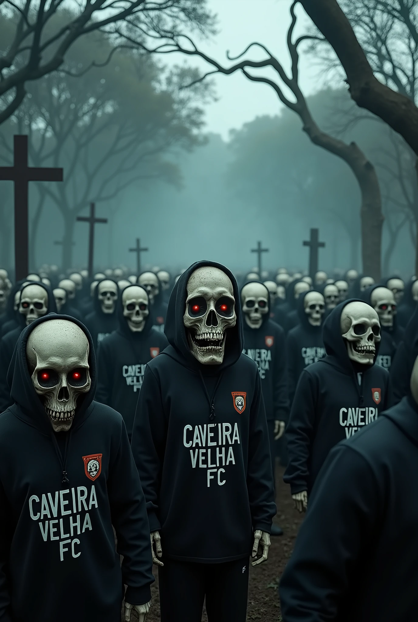 Create a football crowd protesting with black uniforms and the name CAVEIRA VELHA FC printed on the shirt. The crowd should be made up of skulls and a very dark cemetery background. Create crosses and skulls