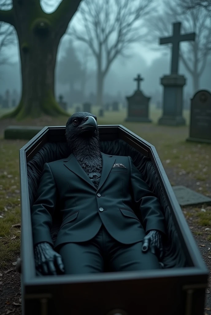 Burial of a crow man in a suit, inside the coffin, dead