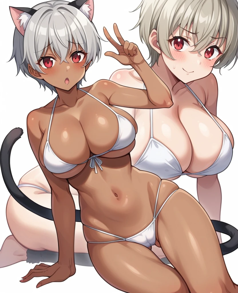 One person、solo、chest、Staring at the audience、short hair、Big Breasts、Red Eye、belly button、Animal Ears、tail、Swimwear、Gray Hair、Thighs、Cat ear、Dark brown skin、Dark brown skinの女性、猫のtail、Zoom Layer,セクシーなSwimwear、センシティブな Swimwear、卑猥なSwimwear、色っぽいSwimwear、きわどいSwimwear、エロいSwimwear,belly buttonを露出している、Swimwearの布の量が非常に少ない、、No underwear except for the ultra-thin V-front micro plunge.、((Ultra-thin V front micro plunge only))、((黒いUltra-thin V front micro plunge only))