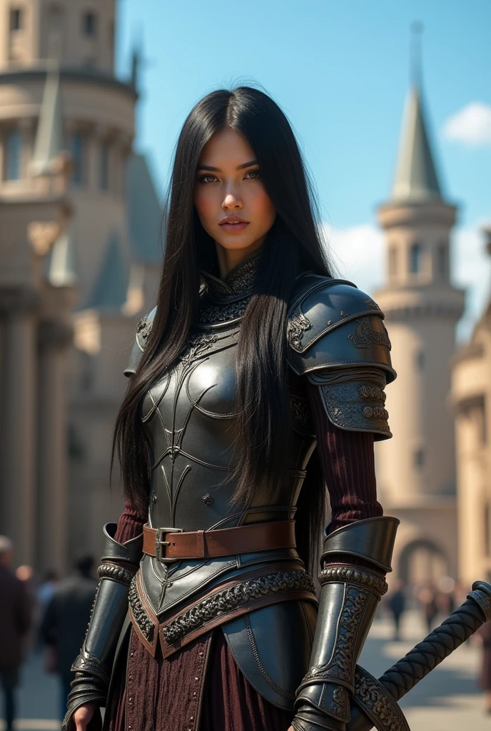 score_9_up score_8_up score_7_up, female_solo ( Ukraine Supermodel), hazel eyes, black hair, slender hot body proportion, medium breast, witchblade, cleavage, erected nipples, intricate details, perfect, Witcher wolf Armor, (1Huge Sword, Large sword), depth_of_field, medieval city,holding_sword,