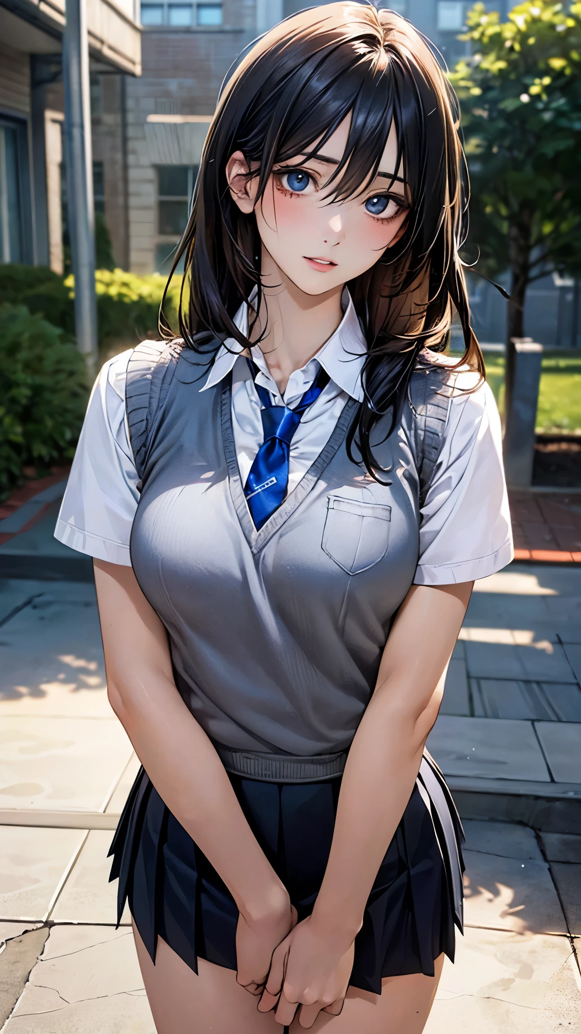 (masterpiece:1.2, top-quality), (realistic, photorealistic:1.4), beautiful illustration, (natural side lighting, movie lighting), depth of fields,
beautiful detailed hair, beautiful detailed face, beautiful detailed eyes, beautiful clavicle, beautiful body, beautiful chest, beautiful thigh, beautiful legs,
looking away, 1 girl, high school girl, (perfect anatomy, anatomically correct, super detailed skin), cute and symmetrical face, babyface, perfect face, perfect eyes, perfect body,
(long hair:1.5, straight hair, black hair), hair between eyes, light blue eyes, slant eyes, big eyes, long eye lasher, (medium breasts, seductive thighs), shiny skin, pink skin,
(detailed cloth texture, break (light grey knit vest), break short sleeve white collared shirt, break cobalt blue pleated skirt, break cobalt blue tie),
(beautiful scenery), evening, (school yard:1.2), standing, (expressionless, looking down, parted lips),