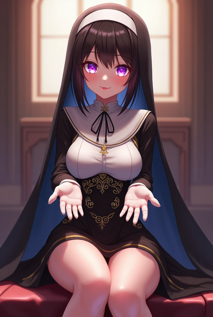 amazing artwork of sexy cute goth vampire woman,  long hair, ahegao, materpiece, d, amazing lighting, in a church, artstation, award winning, stunning, aesthetic, depth, shading. A full shot of a beautiful vampire goth woman with vampire fangs, black hair white skin, big boob's, cinematic lighting, candle lit, wearing stockings, no clothes, naked,  delicate nipples, soft tight pussy.Realistic, photorealism, 4k. Sexy gaze,