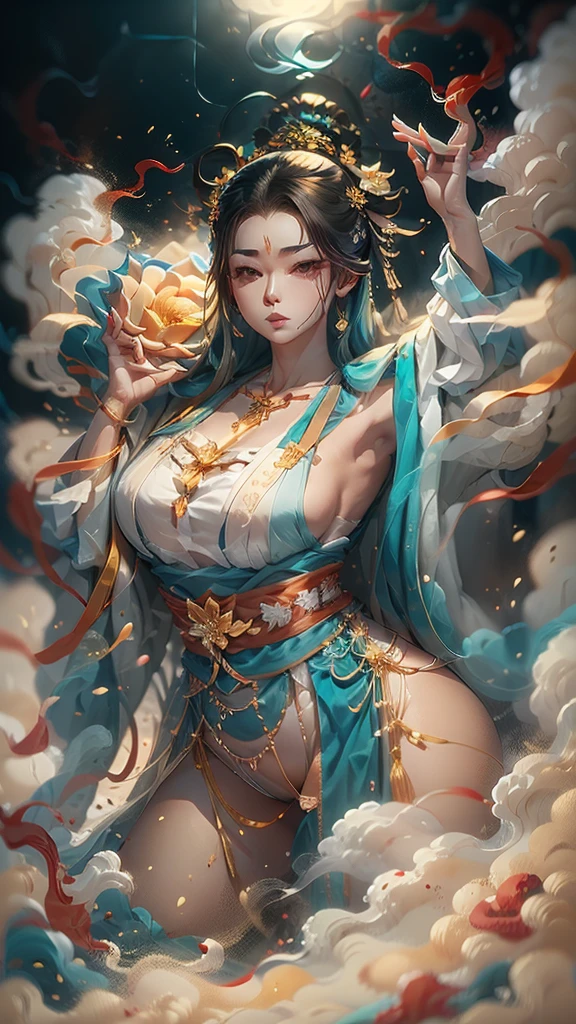 Fantasy,8k,非常に精細なCGユニットのwallpaper, masterpiece,High resolution,Highest quality,Highest quality real texture skin,,Increase the resolution,RAW Photos,Highest quality,Very detailed,wallpaper,Cinema Lighting,Ray-tracing,Golden Ratio, Extremely colorful,Colorful isekai ,(very noble ,, godliness,Three thousand worlds,Infinite happiness,joy,no gravity,Milky Way,background\(heaven\),in the Thick Fog,(Thick Fog:1.5)\),\(below heaven,look up\),(Thick Fog:1.5),Color is empty,Urgent as a command,Clay figurine,Wide-angle lens,Wide composition,Benzaiten,Lotus flowers in full bloom,5th Dimension