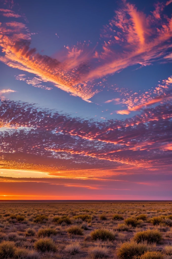 A breathtaking sunset over the expansive plains of eastern New Mexico, Llano Estacado. The sky is painted with vibrant hues of orange, pink, and purple, casting a warm glow over the vast, open landscape. Wispy clouds add texture to the sky, while the flat terrain stretches endlessly, dotted with sparse vegetation typical of the region. The scene captures the serene and majestic beauty of the high plains at dusk.