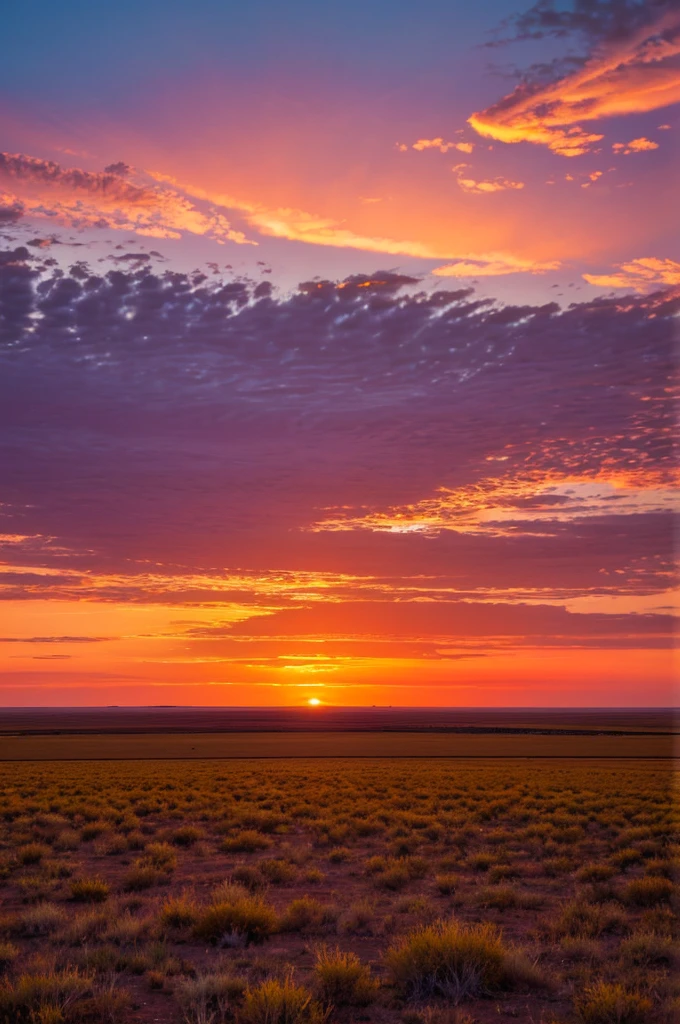 A breathtaking sunset over the expansive plains of eastern New Mexico, Llano Estacado. The sky is painted with vibrant hues of orange, pink, and purple, casting a warm glow over the vast, open landscape. Wispy clouds add texture to the sky, while the flat terrain stretches endlessly, dotted with sparse vegetation typical of the region. The scene captures the serene and majestic beauty of the high plains at dusk.