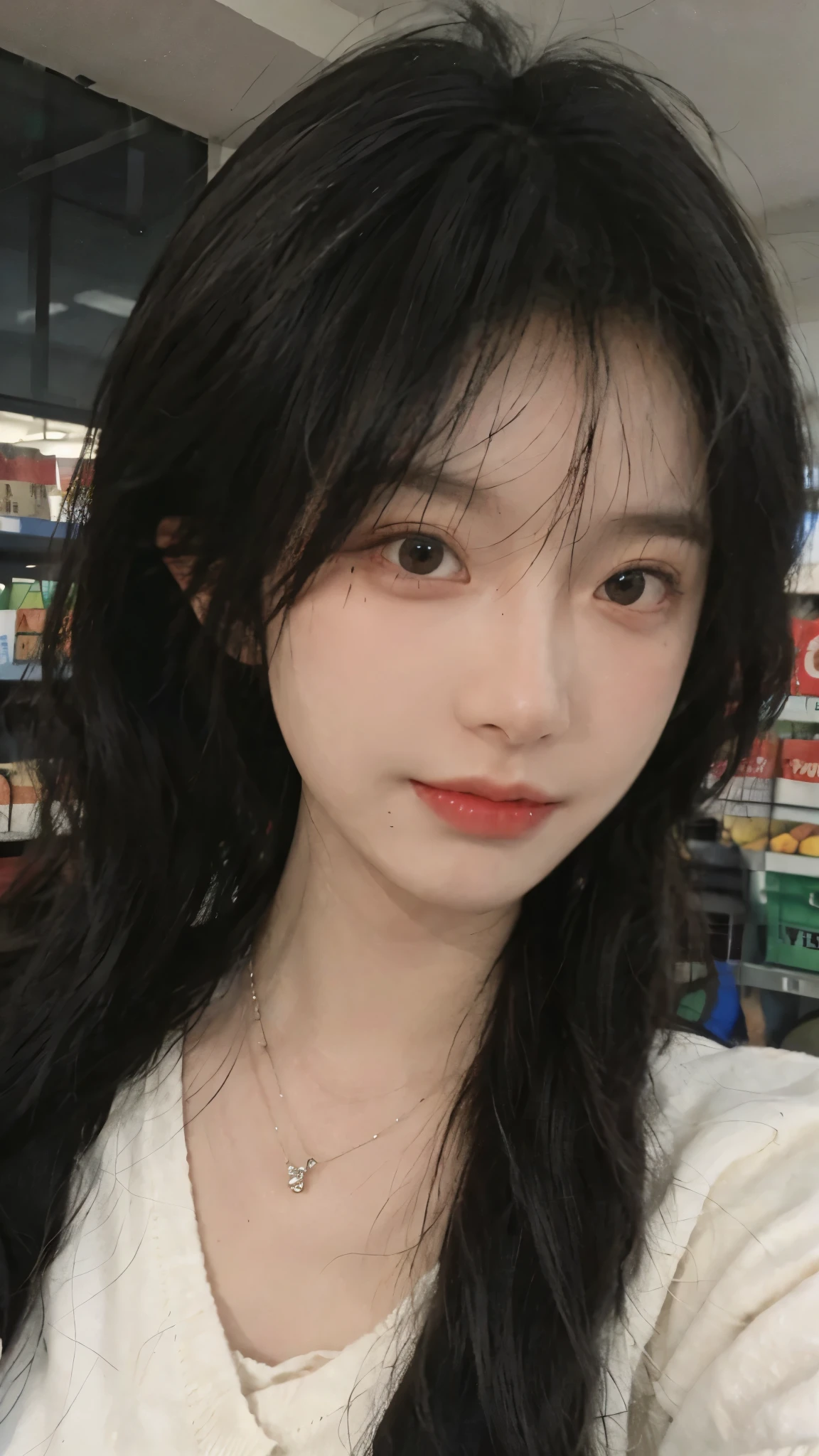 Best quality，Ultra-high resolution,(Realism:1.4)，Cute hairpins，girll,Cropped black sweater，Look directly at the audience，Full of atmosphere，Beautiful woman with a slim figure:1.4，supermarket，whole body，Super delicate face，Exquisite eyes，Double eyelids，necklace