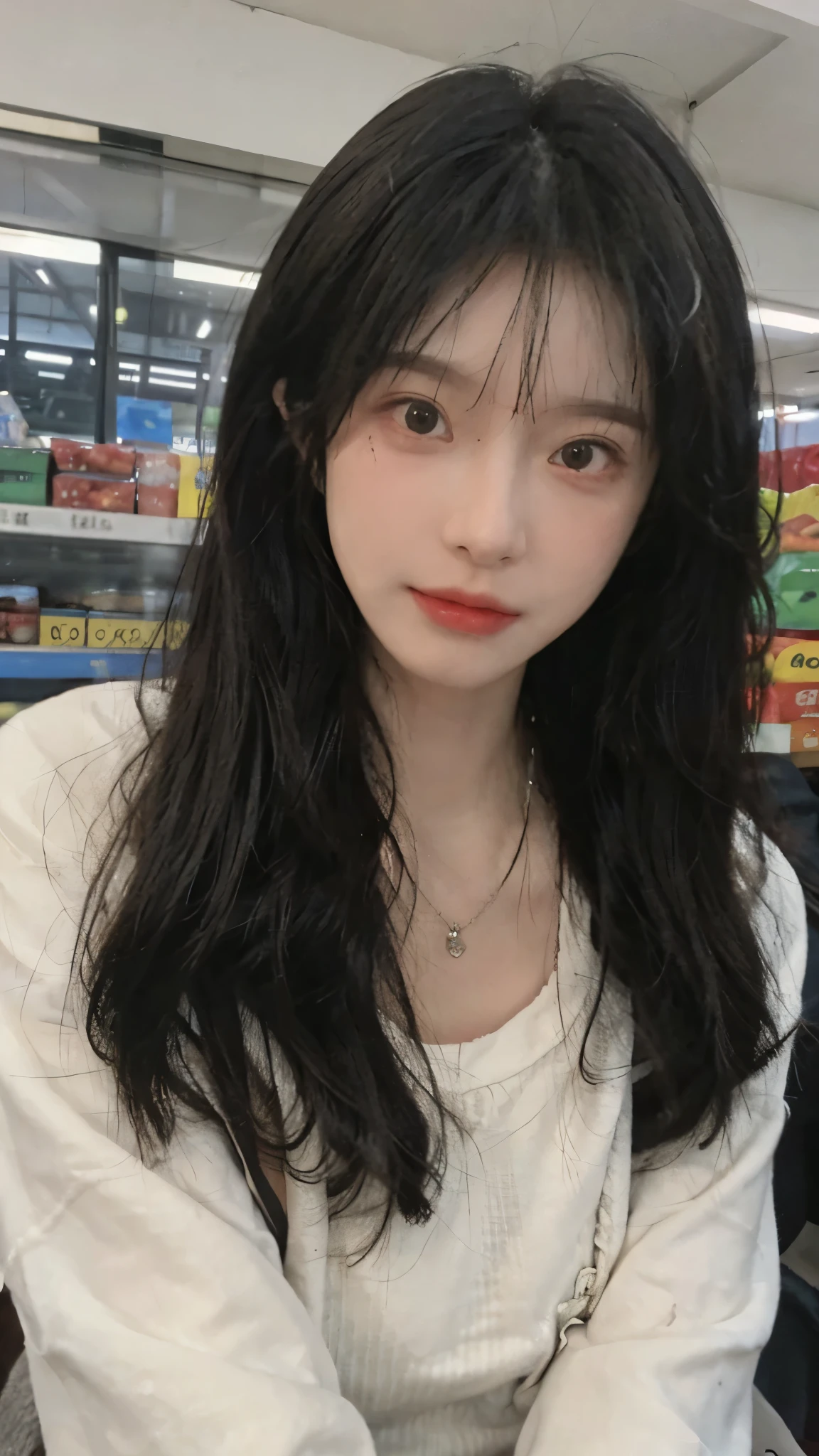 Best quality,Ultra-high resolution,(Realism:1.4),Cute hairpins,girll,Cropped black sweater,Look directly at the audience,Full of atmosphere,Beautiful woman with a slim figure:1.4,supermarket,whole body,Super delicate face,Exquisite eyes,Double eyelids,necklace