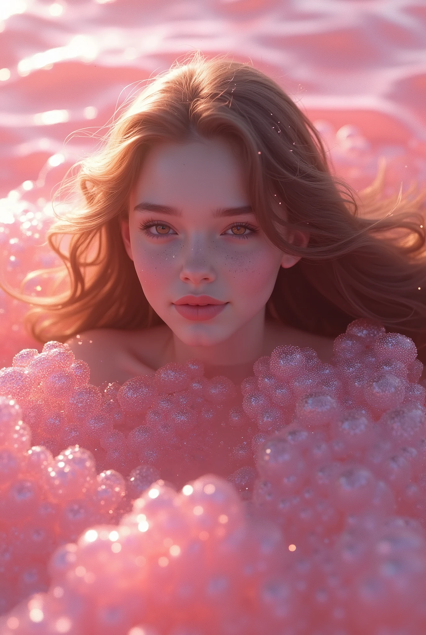 3D hyperrealistic full-body portrait of a girl submerged in a sea of pink glitter