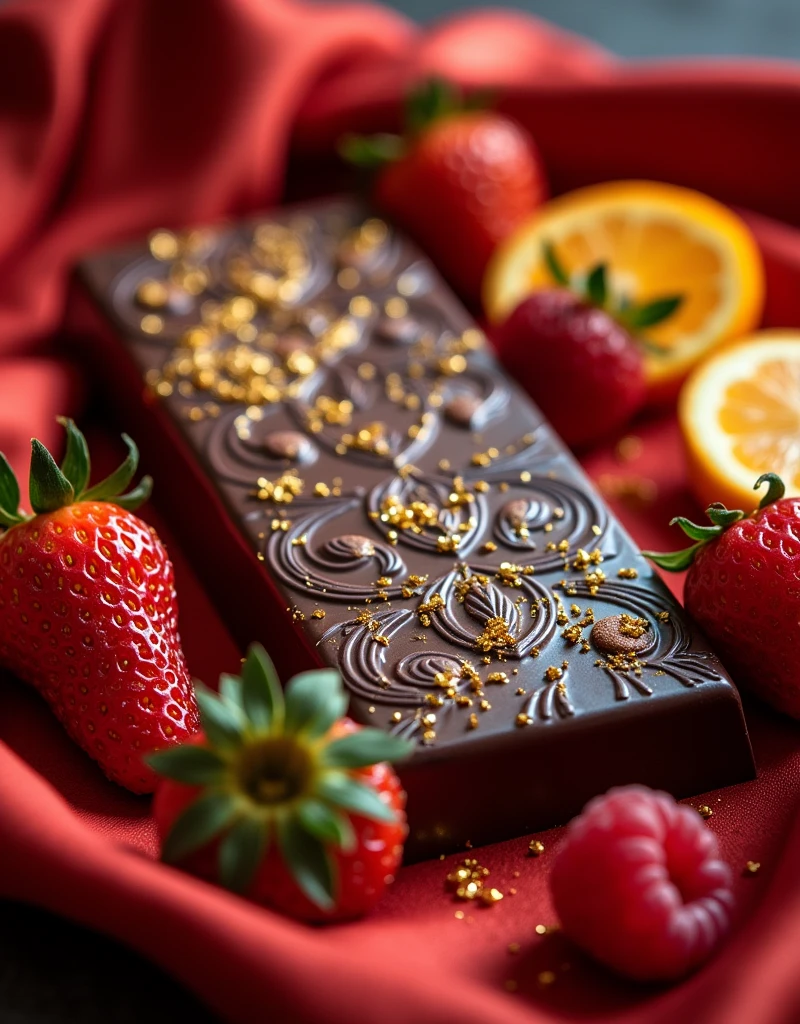 "Create an image of an exotic, luxurious chocolate bar that is styled to look incredibly stylish and beautiful. The chocolate should have a glossy finish with intricate patterns or designs, making it look almost too perfect to eat. Surround the chocolate with a variety of vibrant, fresh fruits like strawberries, raspberries, and sliced oranges. The setting should be elegant, with a sophisticated background that enhances the overall beauty and luxury of the scene, perhaps with soft, warm lighting and delicate touches like gold flakes or a silk cloth draped nearby."