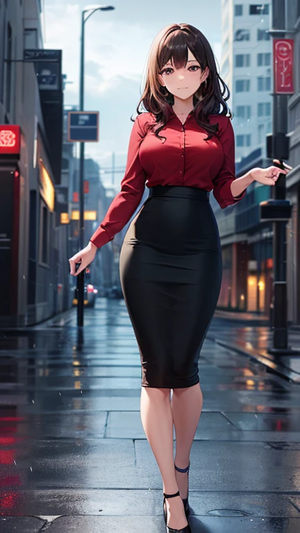 masterpiece, best quality, high detail, beautiful business woman, wavy hair, dark brown hair, business suit, ((red blouse)), ((black midi pencil skirt)), long black pencil skirt, ((black skirt)), heels, looking at viewer, rainy backdrop, storm, clouds, city alley at night, 