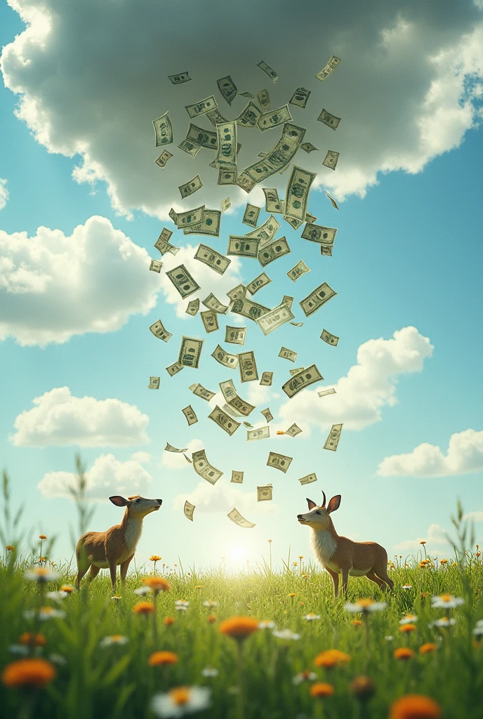 (photorealism:1.2), money fall from the sky (landscape)