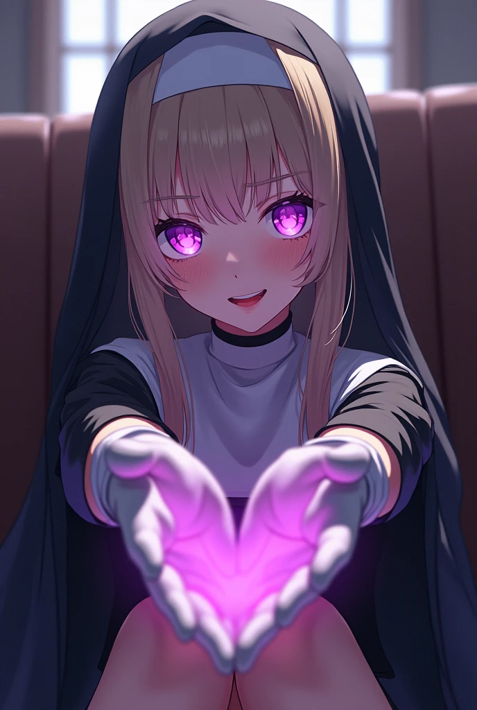 Young and beautiful woman,(Highest quality,Extremely detailed depiction,Incredible high resolution,Anatomically accurate depiction,Curvy Legs,Nice hands,Five perfect fingers),(Glowing Skin,Oilskin),(Nuns,複雑な光沢のあるNunsの服,White gloves:1.2),eyelash,(Intense glowing purple eyes,Crazy Eyes,Large Breasts,Captivating smile,Glossy Red Lips,A pose where both hands are extended towards the screen:1.5,palm),whole body,Sitting,Focus on the hands:1.5,High-quality anime art,